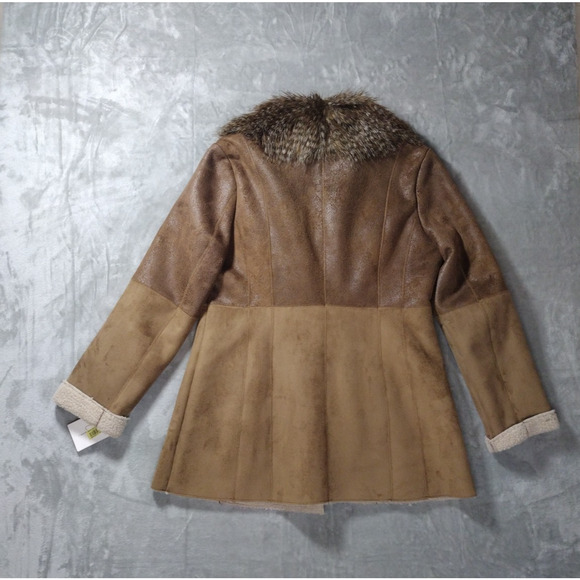 Jessica Simpson Sz L Faux Leather Fur Brown Coat Sherpa Lined Old Money Luxury - Picture 2 of 14